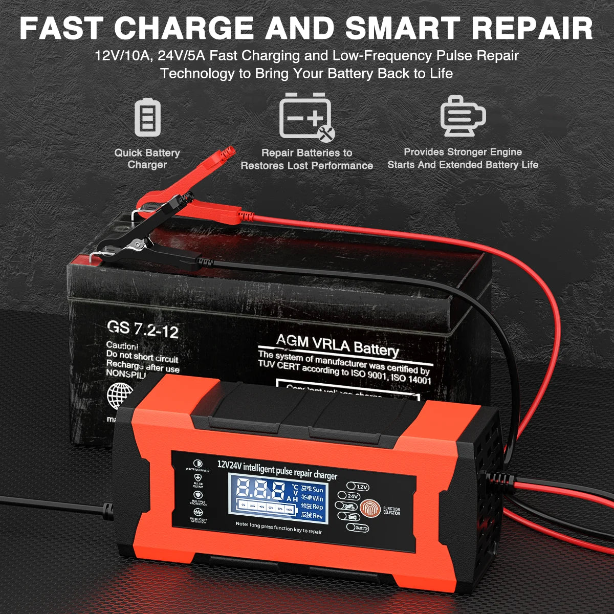 10-Amp Car Battery Charger, 12V 24V Automatic Smart Battery Maintainer Trickle Charger, Battery Charger Battery Desulfator with Temp Compensation for Car Truck Motorcycle Lawn Mower Lead Acid Battery