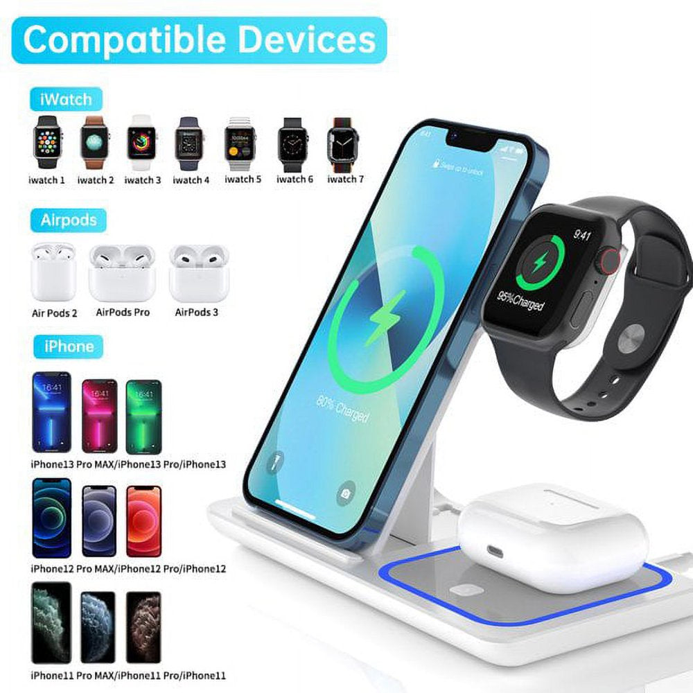 Wireless Charger, 3 in 1 Wireless Charging Station Dock with Breathing Indicator, Fast Charging Stand Compatible with Iphone 15/14/13/12/11 Pro Max/Xs, Apple Watch 8/7/6/5/4, Airpods 3/2/Pro