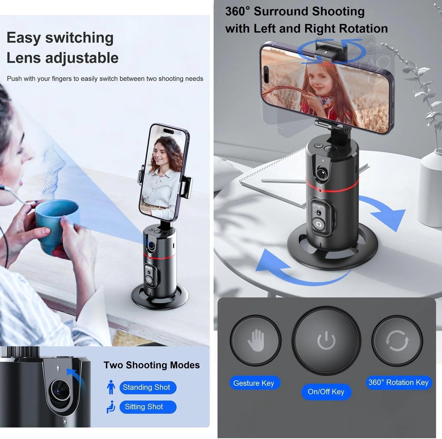Auto Face Tracking Phone Holder Tripod, No App Required, 360° Rotation Smart Face Body Tracking Tripod Selfie Phone Camera Mount Cell Phone Stand for TIK Tok, Vlog, Live Streaming, Youtube Video