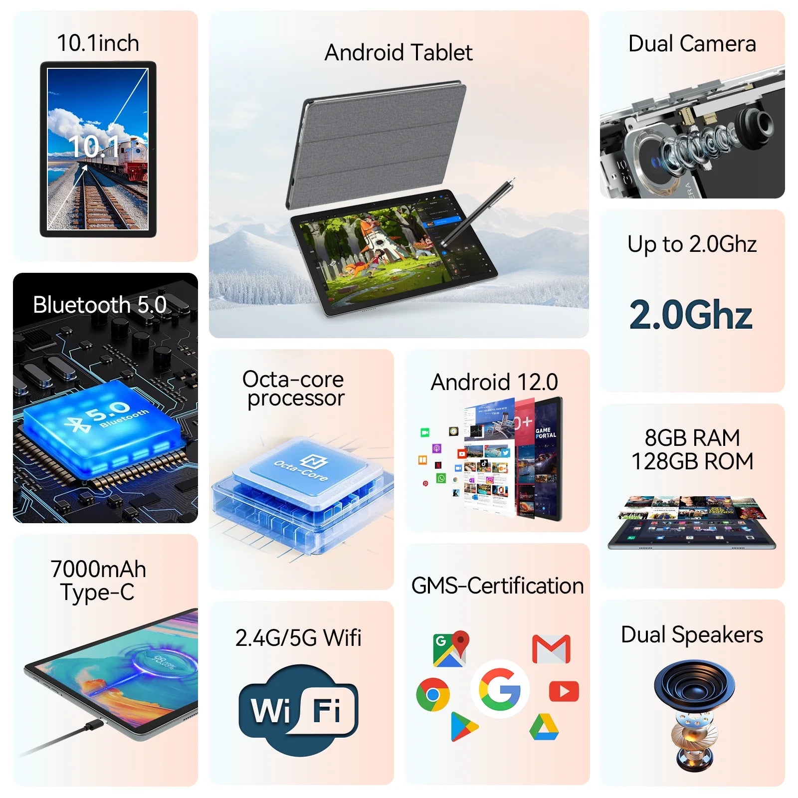 Tablet 10.1 Inch Android Tablet,8Gb RAM 128GB ROM Storage,Android 12.0 Tablet with Keyboard Wireless Mouse Case Stylus,5G Wifi Tablet,1Tb Expandable,Octa-Core Processor,2024 Newest Tablet